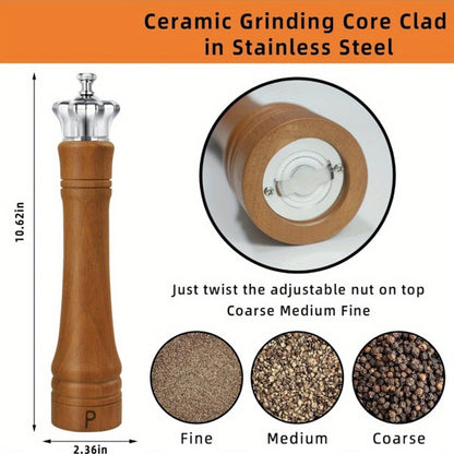 Wooden pepper grinder with stainless steel ceramic core, showing measurements and grinding options.